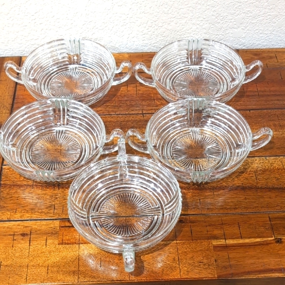 5 1930's Anchor Hocking Manhattan Ribbed Handled Dessert Side Dish Bowls 6"
